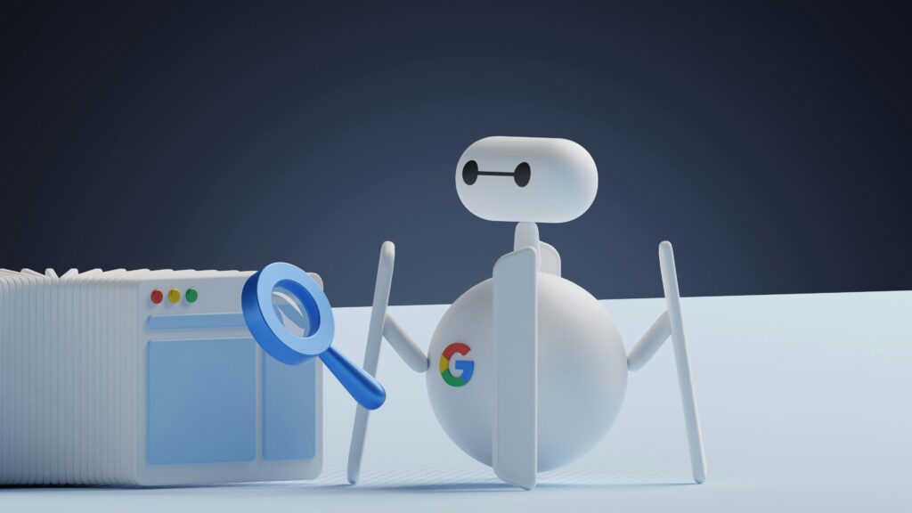 Un robot rastreador de Google con un diseño minimalista y futurista, sosteniendo una lupa junto a múltiples pestañas de navegador web. Representa la exploración y análisis del SEO por parte de los motores de búsqueda.